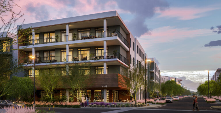 Modern Apartments in Las Vegas, NV - Vestra at Uncommons - Building Exterior With Street-View at Sunset, Showcasing Balconies